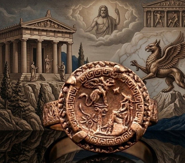 Inel unicat, din bronz, inspirat din mitologia si estetica Greciei antice, cu moneda centrala reprezentand legenda confruntarii dintre Oedip si sfinx si cu banda decorata cu un meandru