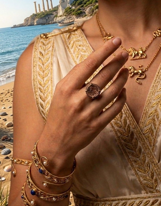 Inel unicat, din bronz, inspirat din mitologia si estetica Greciei antice, cu moneda centrala reprezentand legenda confruntarii dintre Oedip si sfinx si cu banda decorata cu un meandru