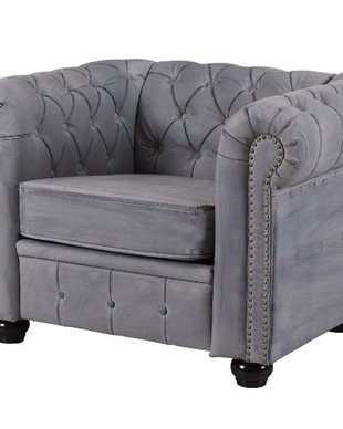 Fotoliu Chesterfield din lemn masiv cu tapiterie gri