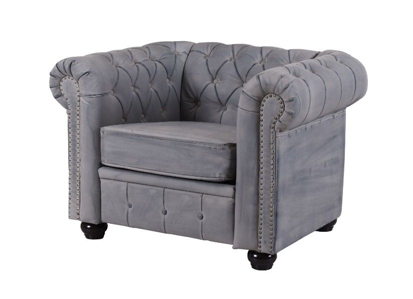 Fotoliu Chesterfield din lemn masiv cu tapiterie gri