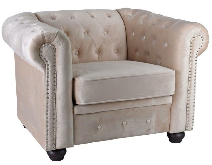 Fotoliu Chesterfield din lemn masiv cu tapiterie din catifea bej