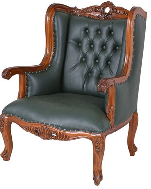 Fotoliu Chesterfield din lemn mahon cu tapiterie verde
