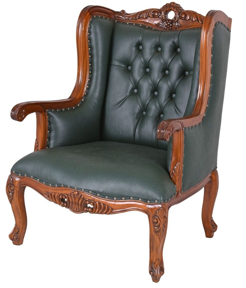 Fotoliu Chesterfield din lemn mahon cu tapiterie verde