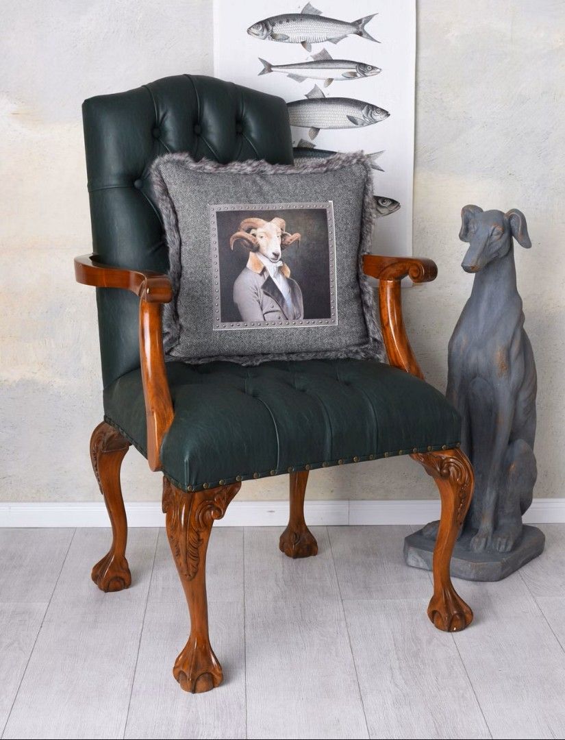 Fotoliu Chesterfield din lemn mahon cu tapiterie verde