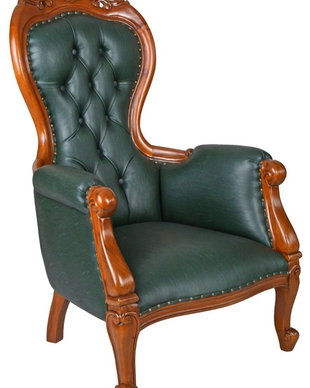 Fotoliu Chesterfield din lemn mahon cu tapiterie verde