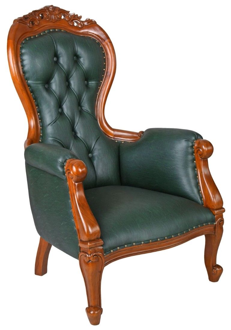 Fotoliu Chesterfield din lemn mahon cu tapiterie verde