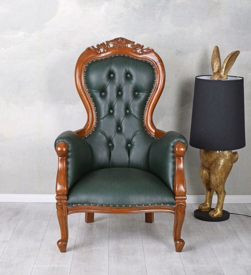 Fotoliu Chesterfield din lemn mahon cu tapiterie verde