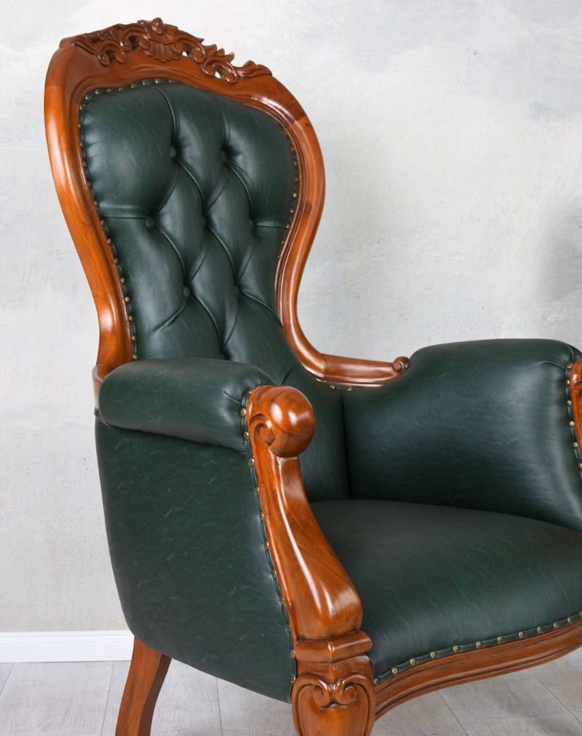 Fotoliu Chesterfield din lemn mahon cu tapiterie verde