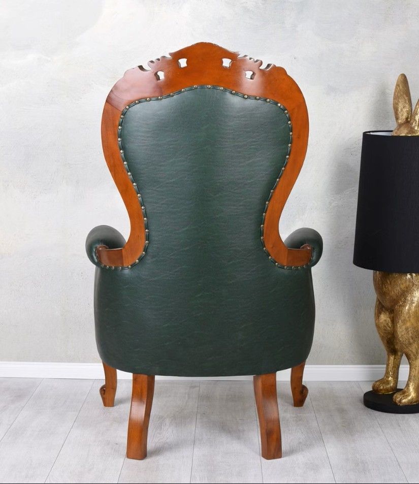 Fotoliu Chesterfield din lemn mahon cu tapiterie verde
