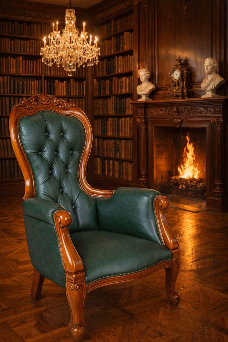 Fotoliu Chesterfield din lemn mahon cu tapiterie verde