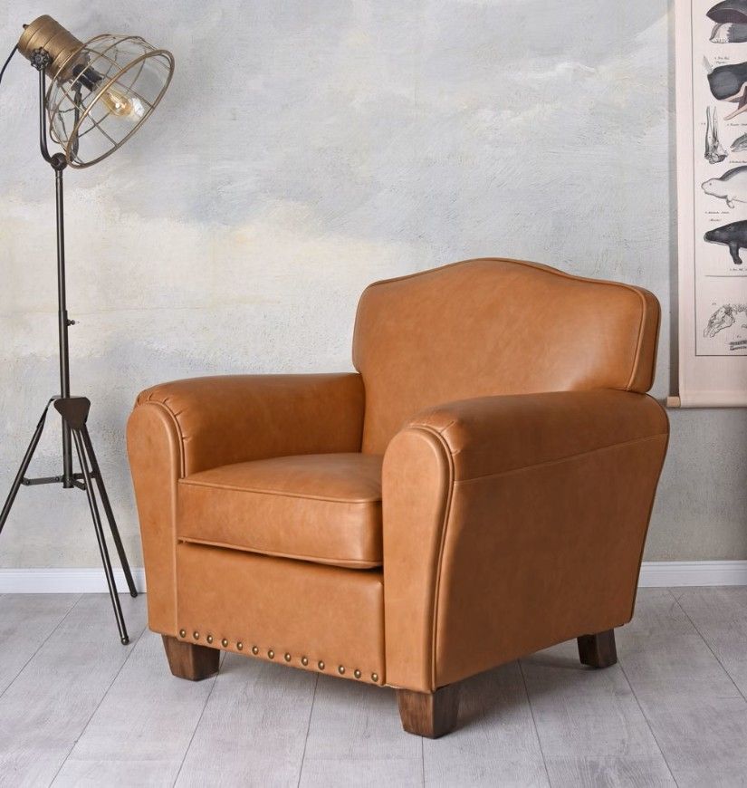 Fotoliu Chesterfield din lemn mahon cu tapiterie maro deschis