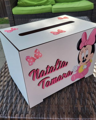 Cutie de bani pentru botez Minnie Mouse personalizată | Cutie dar botez fetiță