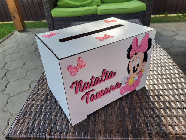 Cutie de bani pentru botez Minnie Mouse personalizată | Cutie dar botez fetiță