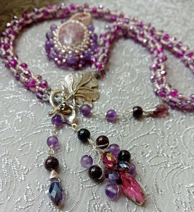 Colier spirala,lepidolit ,briolete cristal,ametist,granat