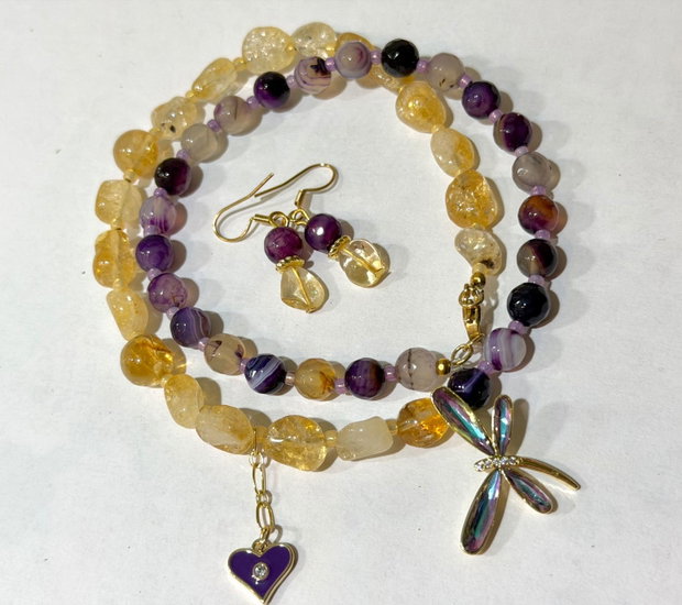 SET~TWILIGHT WINGS~citrin,agate mov,accesorii metalice aurii cu zirconia,inox auriu