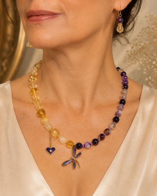 SET~TWILIGHT WINGS~citrin,agate mov,accesorii metalice aurii cu zirconia,inox auriu
