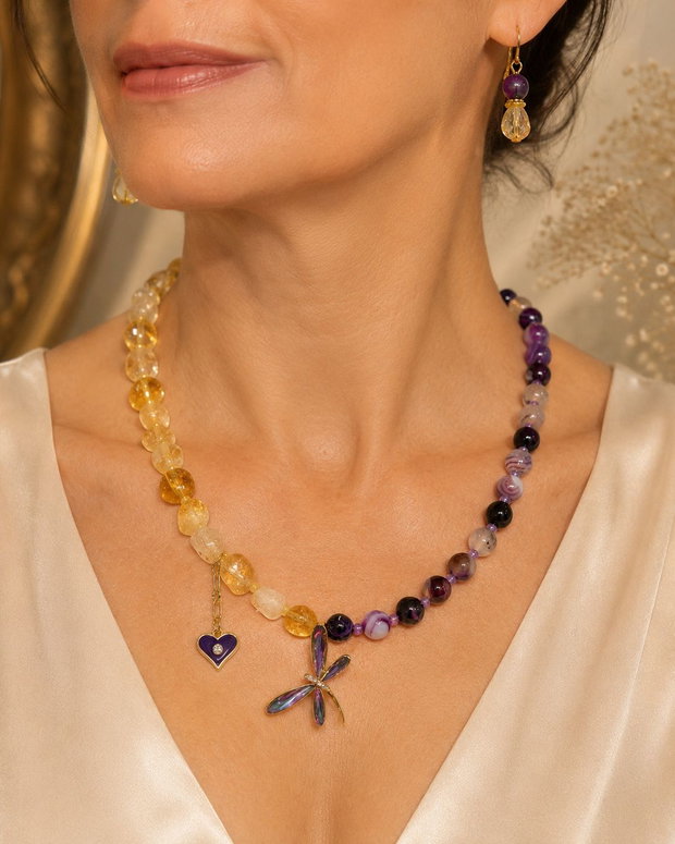 SET~TWILIGHT WINGS~citrin,agate mov,accesorii metalice aurii cu zirconia,inox auriu