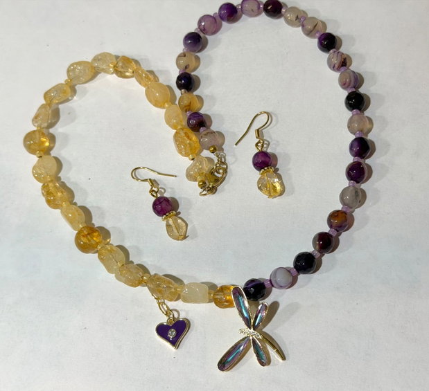 SET~TWILIGHT WINGS~citrin,agate mov,accesorii metalice aurii cu zirconia,inox auriu