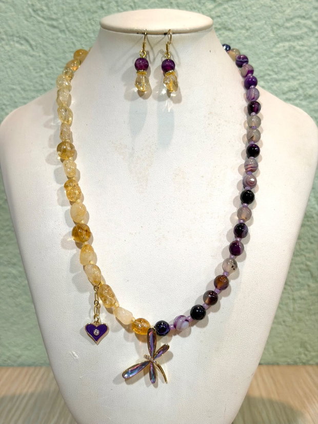 SET~TWILIGHT WINGS~citrin,agate mov,accesorii metalice aurii cu zirconia,inox auriu
