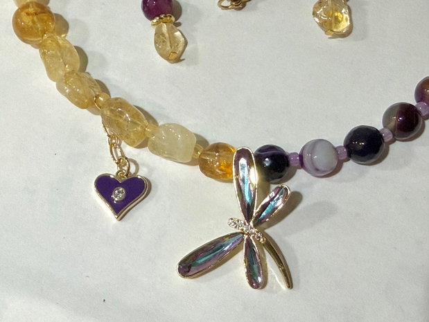SET~TWILIGHT WINGS~citrin,agate mov,accesorii metalice aurii cu zirconia,inox auriu