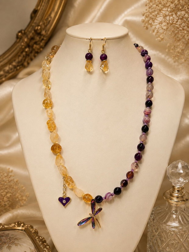 SET~TWILIGHT WINGS~citrin,agate mov,accesorii metalice aurii cu zirconia,inox auriu