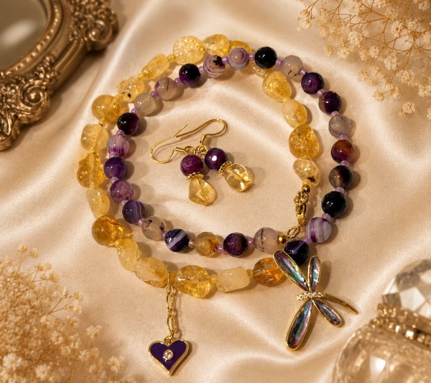 SET~TWILIGHT WINGS~citrin,agate mov,accesorii metalice aurii cu zirconia,inox auriu