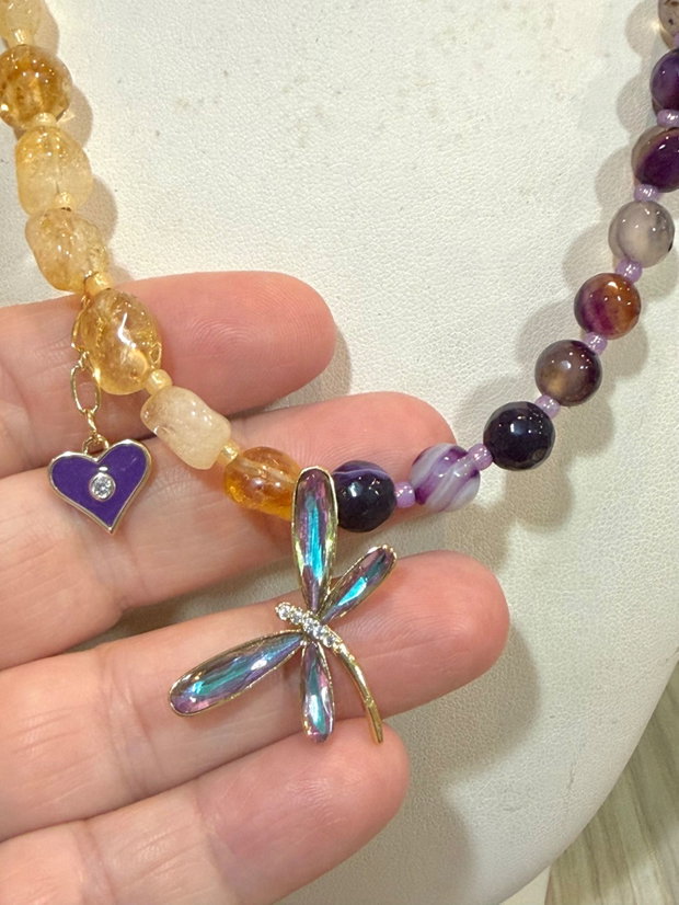 SET~TWILIGHT WINGS~citrin,agate mov,accesorii metalice aurii cu zirconia,inox auriu