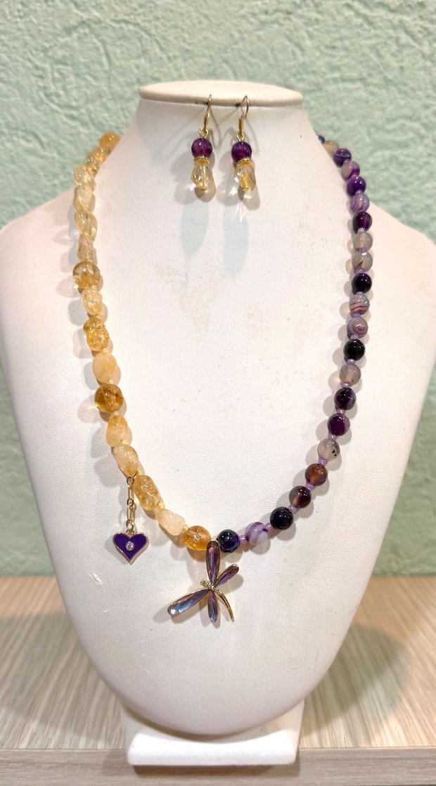 SET~TWILIGHT WINGS~citrin,agate mov,accesorii metalice aurii cu zirconia,inox auriu