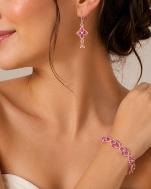 Set elegant bratara si cercei ciclame-roz pudrat-argintiu