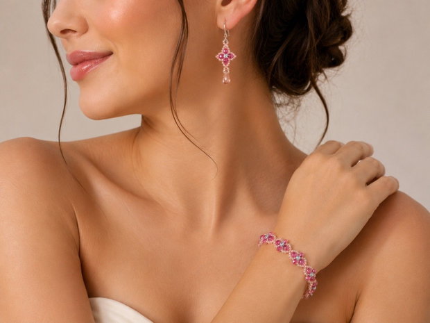 Set elegant bratara si cercei ciclame-roz pudrat-argintiu
