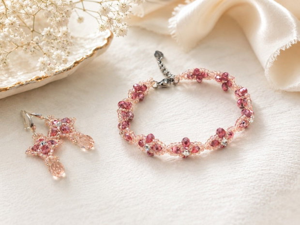 Set elegant bratara si cercei ciclame-roz pudrat-argintiu