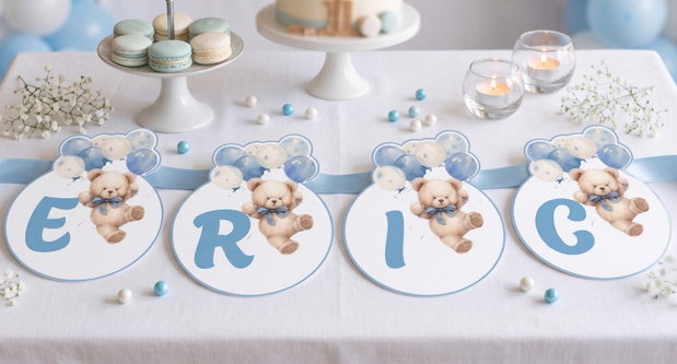 Ghirlandă personalizată din carton Ursuleț cu baloane bleu
