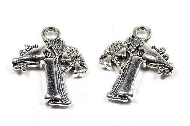 Pandantiv metalic, argintiu antichizat, pasare in copac, 26x18 mm