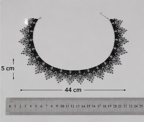 Colier handmade din mărgele de sticlă, negru și argintiu, model elegant tip guler, 44 × 5 cm