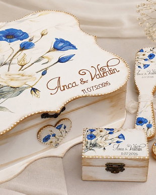 Cufar /trusou mireasa, model floral, alb, albastru royal