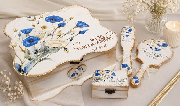 Cufar /trusou mireasa, model floral, alb, albastru royal