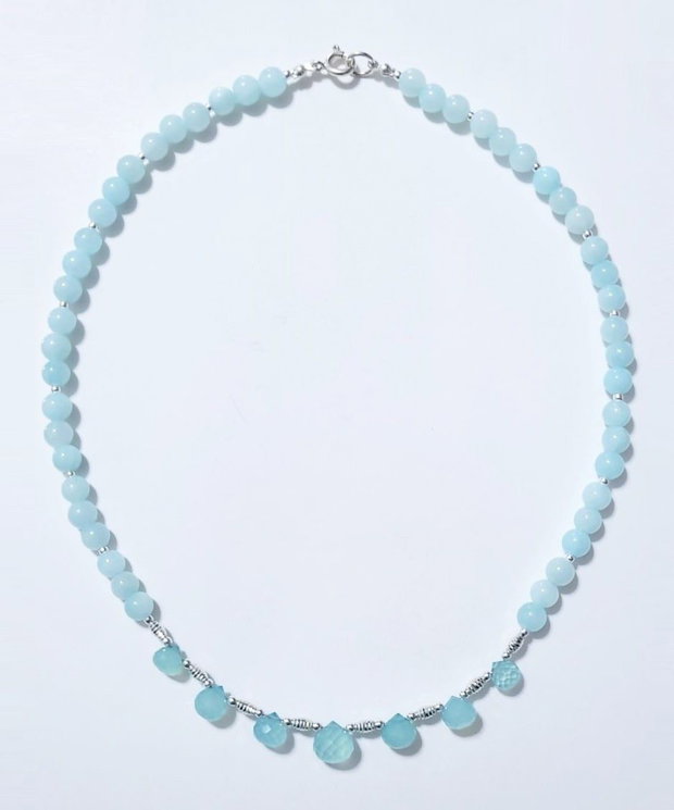 Colier argint 925 cu jad bleu, calcedonie si hematit