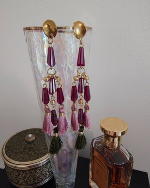 Cercei candelabru sticla roz verde grena