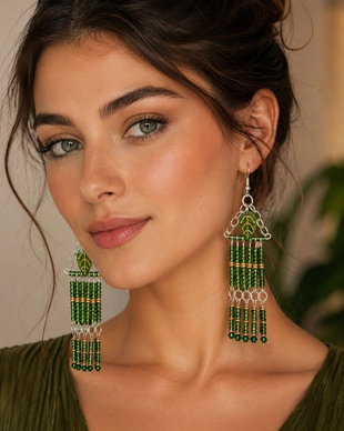Cercei lungi verzi unicat din mărgele sticla Cehia și cristale Swarovski