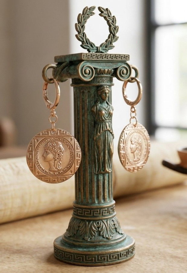 Cercei unicat, din bronz, tip moneda, asimetrici, inspirati din mitologia Greciei Antice, cu efigii ale zeitei Atena, in chenare cu motive traditionale
