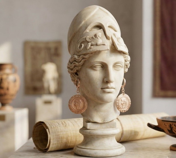 Cercei unicat, din bronz, tip moneda, asimetrici, inspirati din mitologia Greciei Antice, cu efigii ale zeitei Atena, in chenare cu motive traditionale