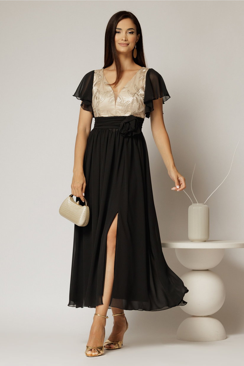 Rochie lunga neagra cu auriu de ocazie cu broderie la bust si detaliu in talie