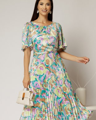 Rochie midi cu imprimeuri lila turcoaz din satin plisat si maneci scurte evazate