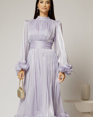Rochie midi lila de ocazie din voal peliculizat cu maneci ample cu volanase