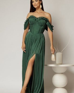 Rochie lunga verde de ocazie din voal peliculizat cu bust tip corset
