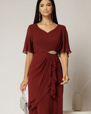 Rochie midi bordo din voal cu accesoriu in talie