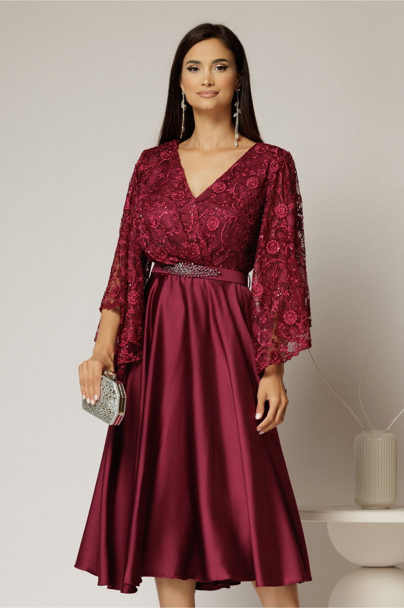 Rochie midi magenta de ocazie din satin si dantela