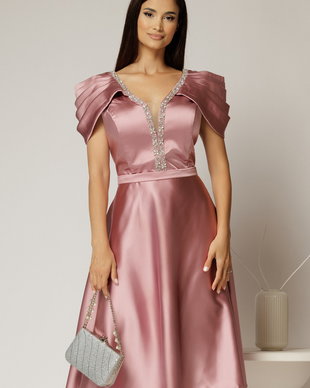 Rochie midi roz din tafta cu aplicatii la decolteu si pliuri la maneci