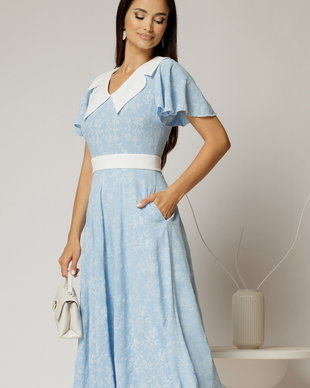 Rochie midi bleu cu floricele brodate si guler alb