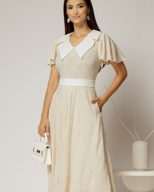 Rochie midi bej cu floricele brodate si guler alb